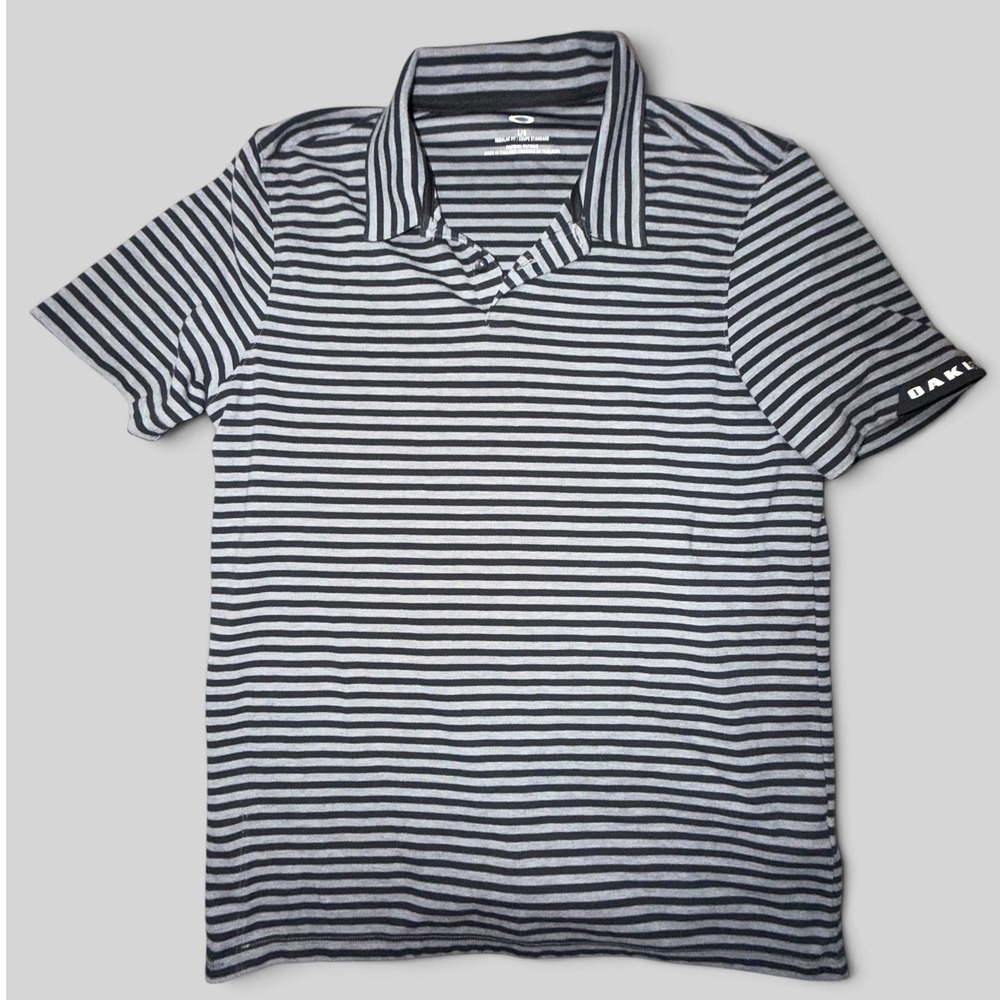 Oakley Mens Regular Fit Striped Polo Shirt Grey Black Short Sleeve Large